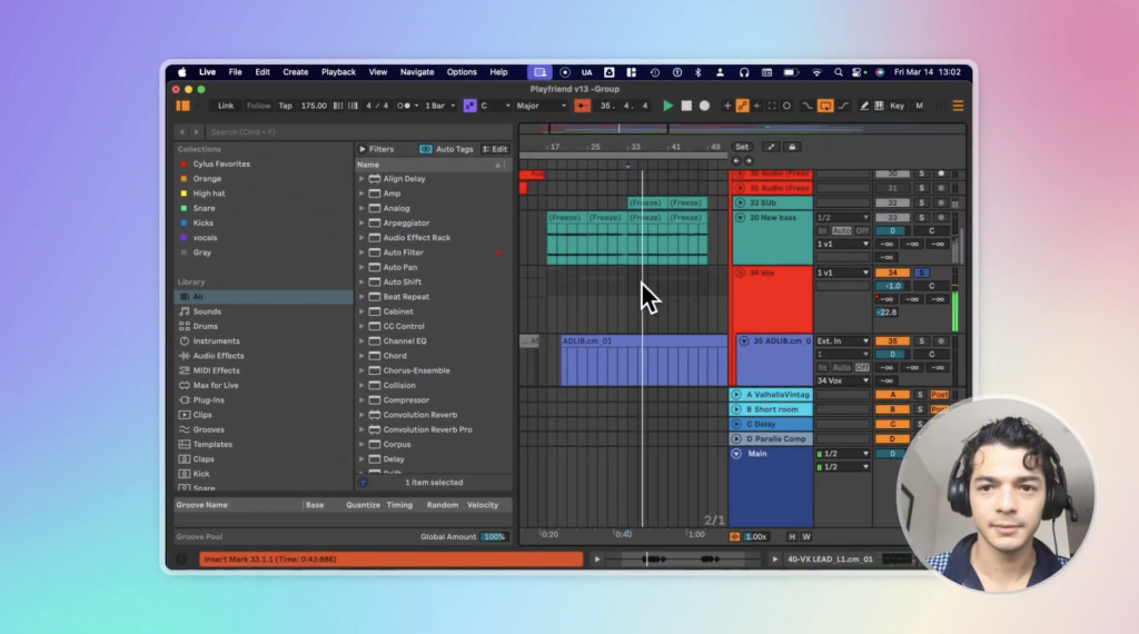 Ableton Live music production session showing MIDI clips, audio tracks, vocal processing, and arrangement workflow for electronic music producers