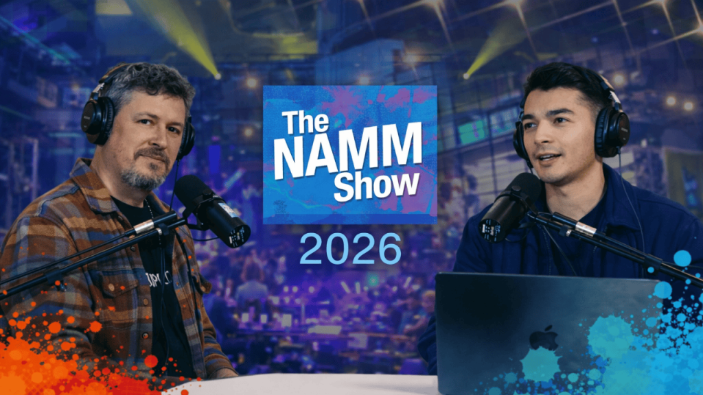 Cylus and Sam from Musik Hack recording a live podcast at The NAMM Show 2026, surrounded by music production gear and a vibrant show floor backdrop.