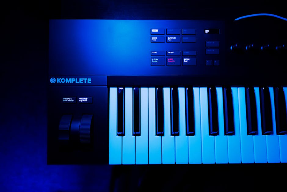 A synthesizer keyboard in an electronic music studio