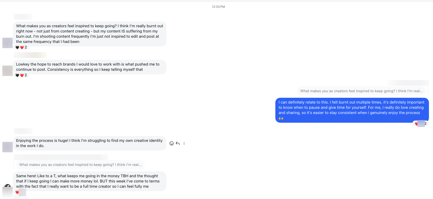 Creators discussing burnout and motivation in a private Meta creator chat, staying motivated as a music producer and content creator