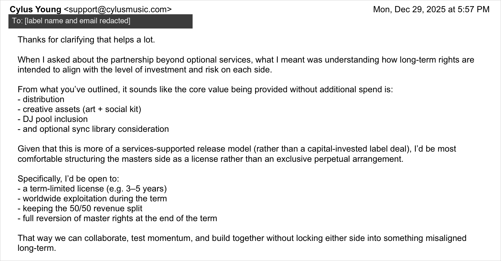 The counter-offer I sent the label: a 3 to 5 year license with master rights reversion instead of a perpetual assignment