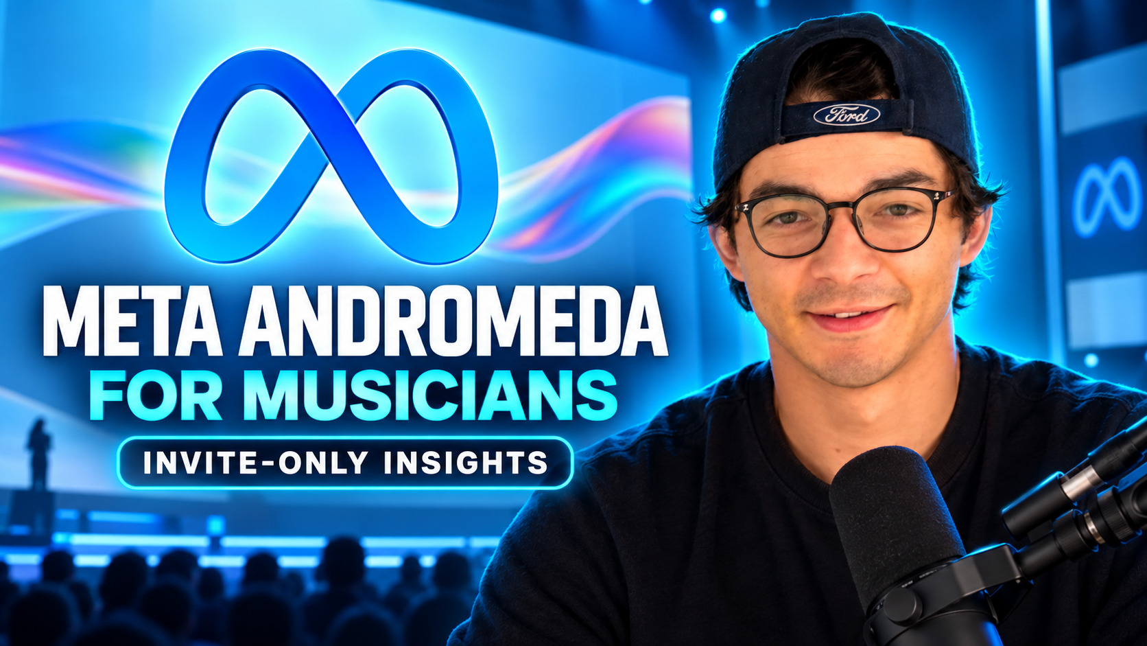 Cylus Young at the mic with the Meta logo and the words Meta Andromeda for Musicians, invite-only insights